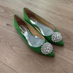 Green Badgley Mischka pointed toe ballet flats with crystal embellishments